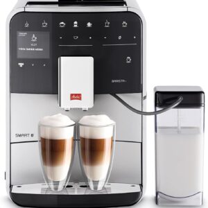 Melitta Barista T Smart Argent, Machine à Café à Grain avec Broyeur, Connectée, Système One Touch, Double bac à grains, 18 spécialités de café, Mode 1 à 2 Tasses, Écran Couleur, Réservoir à lait